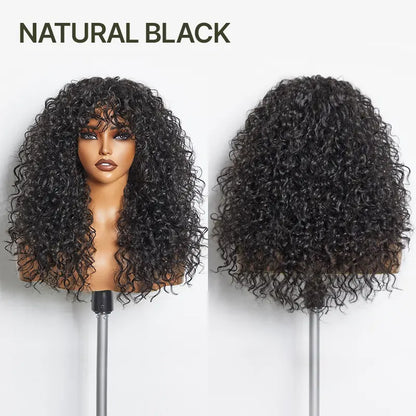Boho Curly Wig with Bangs Human Hair Blend Shaggy Waves Natural Looking Ready to Wear Wig