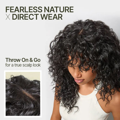 Boho Curly Wig with Bangs Human Hair Blend Shaggy Waves Natural Looking Ready to Wear Wig
