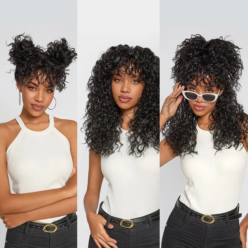 Boho Curly Wig with Bangs Human Hair Blend Shaggy Waves Natural Looking Ready to Wear Wig