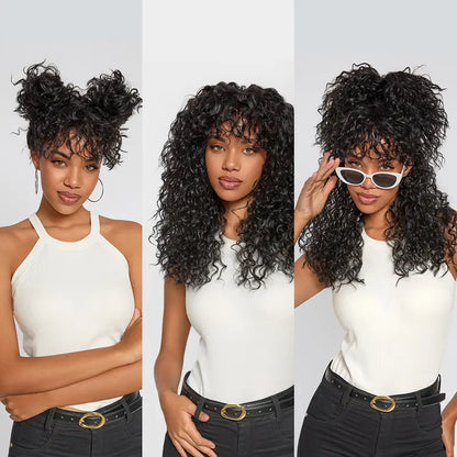 Boho Curly Wig with Bangs Human Hair Blend Shaggy Waves Natural Looking Ready to Wear Wig