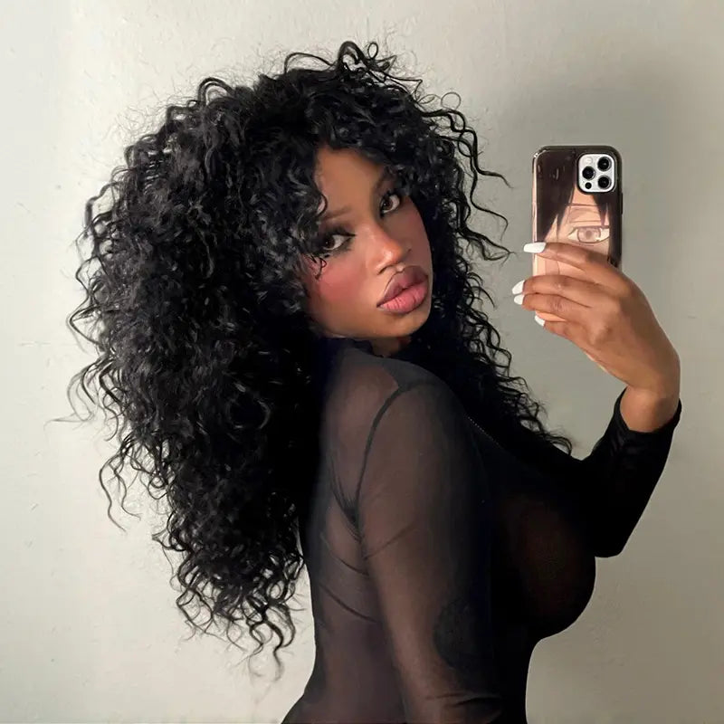 Boho Curly Wig with Bangs Human Hair Blend Shaggy Waves Natural Looking Ready to Wear Wig