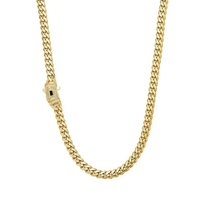 14K Gold Plated Cuban Link Necklace, White Stone Inlay, 6–14mm Gold Choker