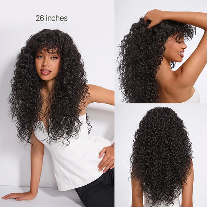 Boho Curly Wig with Bangs Human Hair Blend Shaggy Waves Natural Looking Ready to Wear Wig