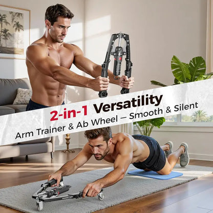 Hydraulic Chest Trainer, Adjustable 22–440 lbs Arm & Core Strength Trainer with Ab Roller Wheel, Pad & Carry Bag