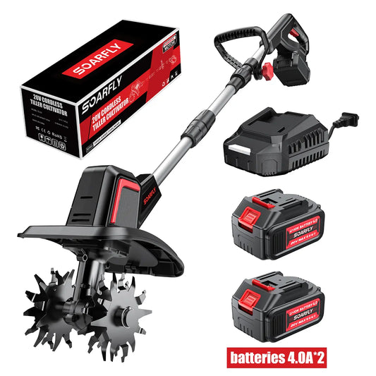 20V Cordless Electric Tiller with 2×4.0Ah Batteries & Charger, 360RPM Garden Cultivator with 48 Steel Tines, 9" Width 6.6" Depth for Lawn & Soil Cultivation