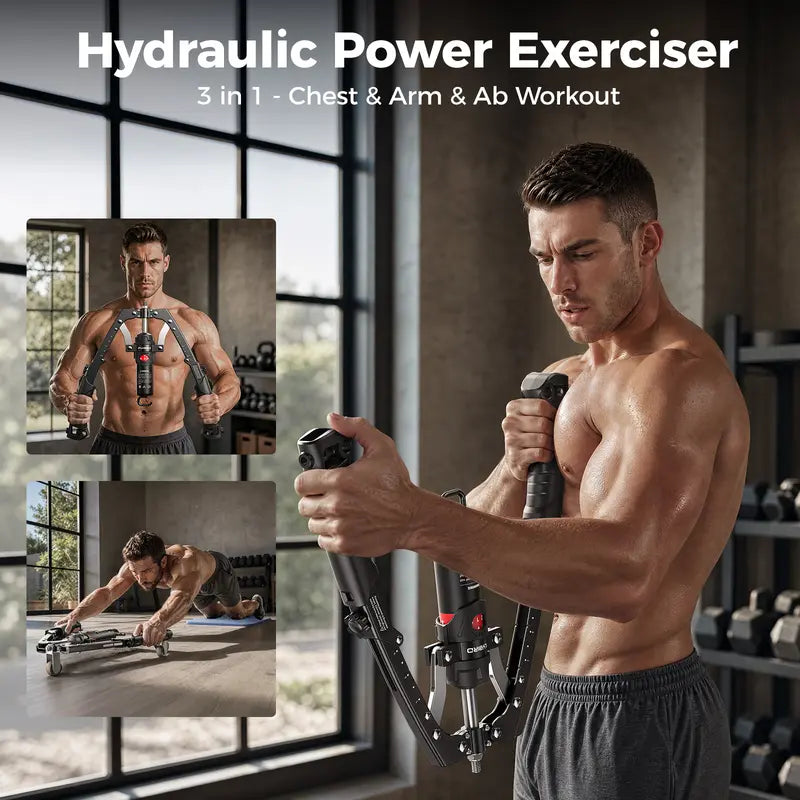 Hydraulic Chest Trainer, Adjustable 22–440 lbs Arm & Core Strength Trainer with Ab Roller Wheel, Pad & Carry Bag