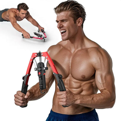 Hydraulic Chest Trainer, Adjustable 22–440 lbs Arm & Core Strength Trainer with Ab Roller Wheel, Pad & Carry Bag