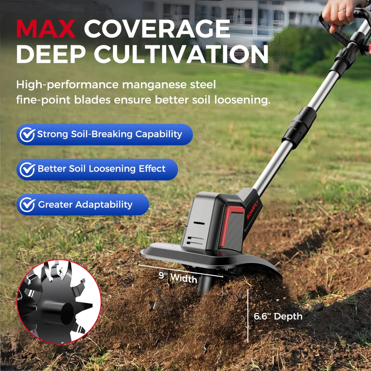 20V Cordless Electric Tiller with 2×4.0Ah Batteries & Charger, 360RPM Garden Cultivator with 48 Steel Tines, 9" Width 6.6" Depth for Lawn & Soil Cultivation