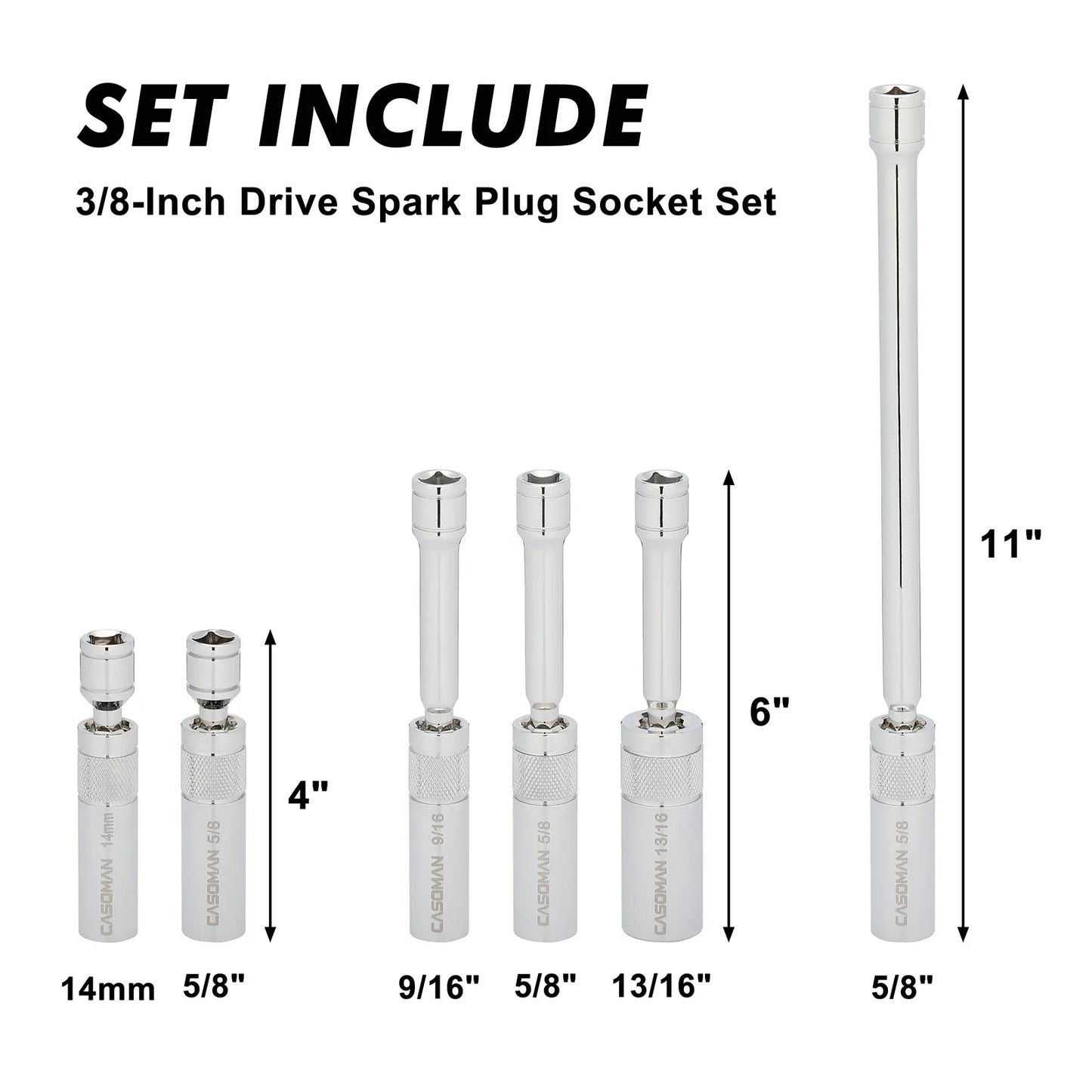 6PCS 3/8" Drive Magnetic Spark Plug Socket Set Thin Wall Swivel CR-V Deep Sockets Kit