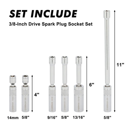 6PCS 3/8" Drive Magnetic Spark Plug Socket Set Thin Wall Swivel CR-V Deep Sockets Kit