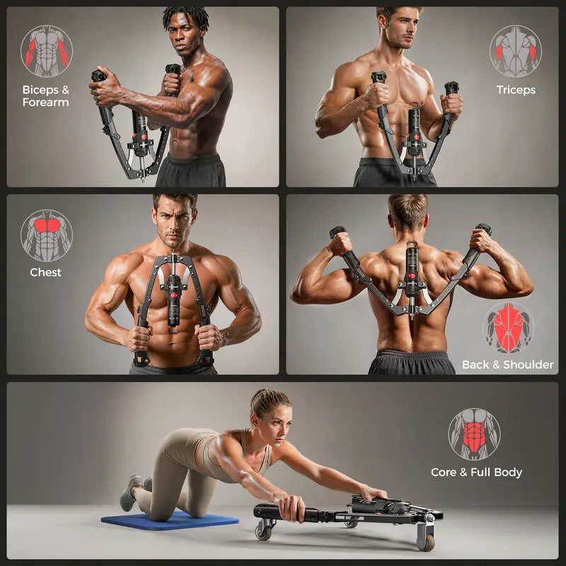 Hydraulic Chest Trainer, Adjustable 22–440 lbs Arm & Core Strength Trainer with Ab Roller Wheel, Pad & Carry Bag