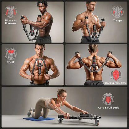 Hydraulic Chest Trainer, Adjustable 22–440 lbs Arm & Core Strength Trainer with Ab Roller Wheel, Pad & Carry Bag