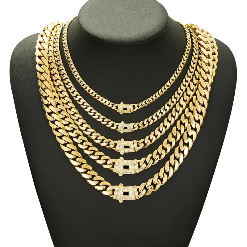14K Gold Plated Cuban Link Necklace, White Stone Inlay, 6–14mm Gold Choker