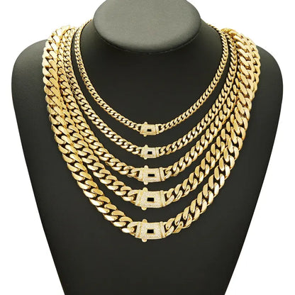 14K Gold Plated Cuban Link Necklace, White Stone Inlay, 6–14mm Gold Choker