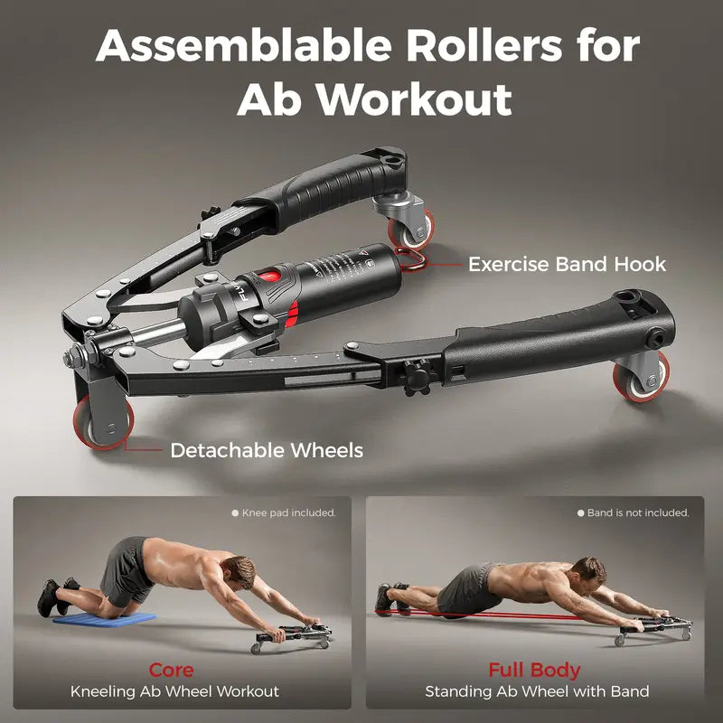 Hydraulic Chest Trainer, Adjustable 22–440 lbs Arm & Core Strength Trainer with Ab Roller Wheel, Pad & Carry Bag