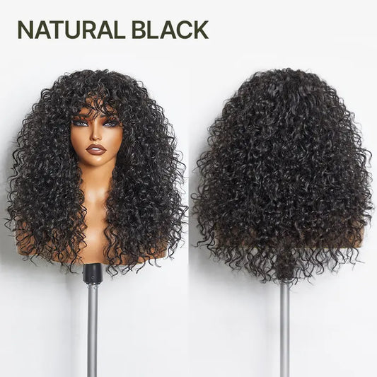 Boho Curly Wig with Bangs Human Hair Blend Shaggy Waves Natural Looking Ready to Wear Wig
