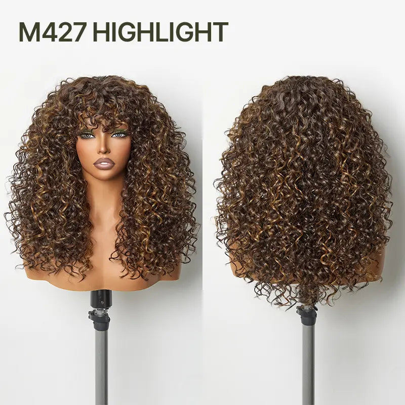 Boho Curly Wig with Bangs Human Hair Blend Shaggy Waves Natural Looking Ready to Wear Wig