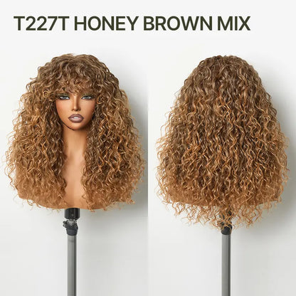 Boho Curly Wig with Bangs Human Hair Blend Shaggy Waves Natural Looking Ready to Wear Wig