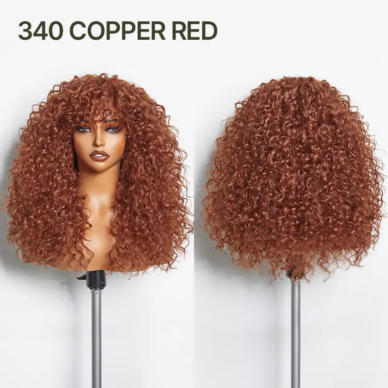 Boho Curly Wig with Bangs Human Hair Blend Shaggy Waves Natural Looking Ready to Wear Wig