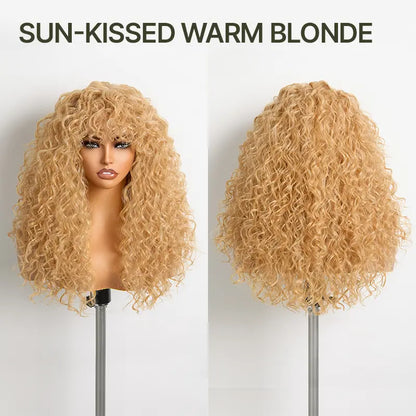 Boho Curly Wig with Bangs Human Hair Blend Shaggy Waves Natural Looking Ready to Wear Wig