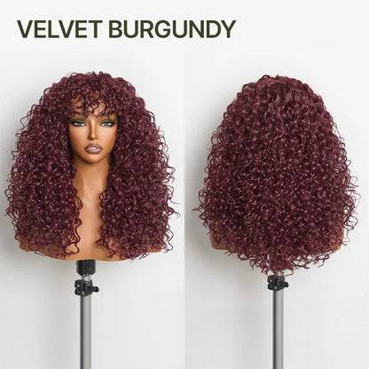 Boho Curly Wig with Bangs Human Hair Blend Shaggy Waves Natural Looking Ready to Wear Wig