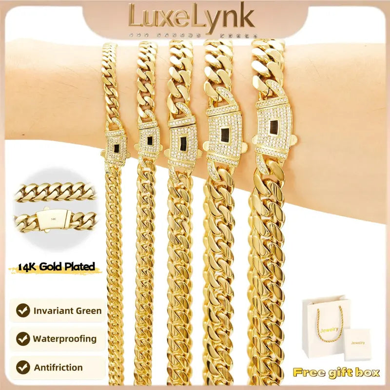 14K Gold Plated Cuban Link Necklace, White Stone Inlay, 6–14mm Gold Choker