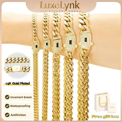 14K Gold Plated Cuban Link Necklace, White Stone Inlay, 6–14mm Gold Choker