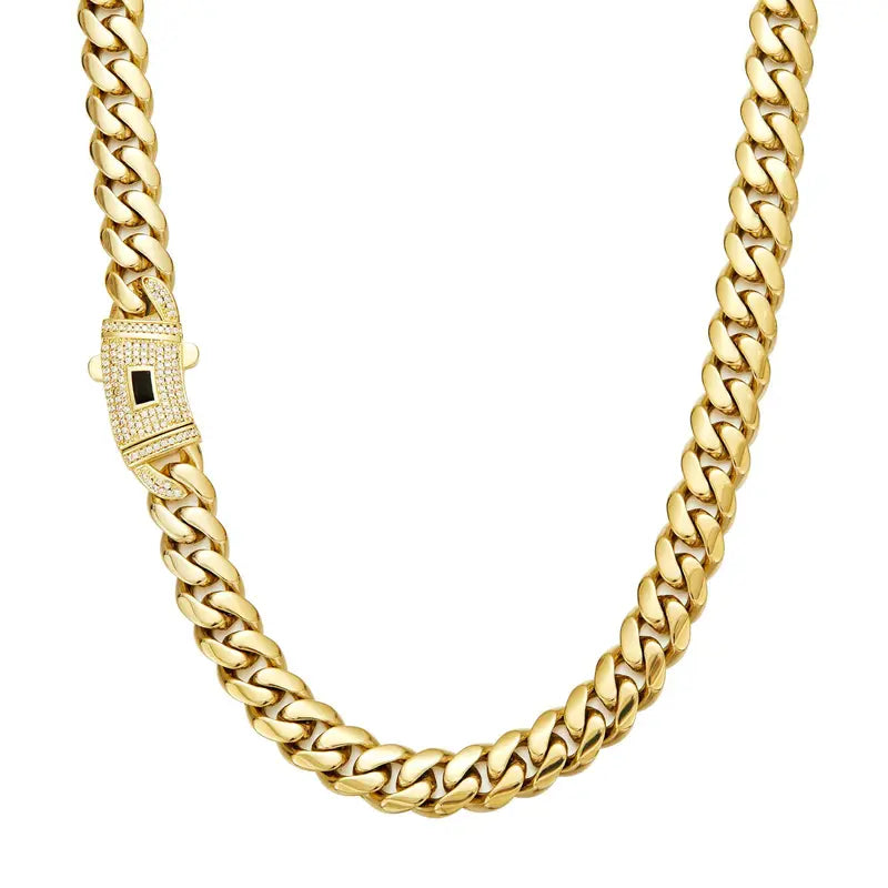 14K Gold Plated Cuban Link Necklace, White Stone Inlay, 6–14mm Gold Choker