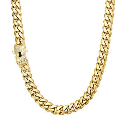 14K Gold Plated Cuban Link Necklace, White Stone Inlay, 6–14mm Gold Choker