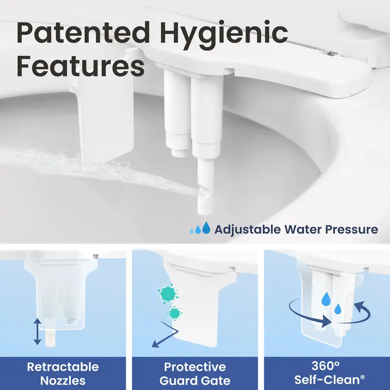Dual Nozzle Bidet Toilet Seat Attachment, Self-Cleaning
