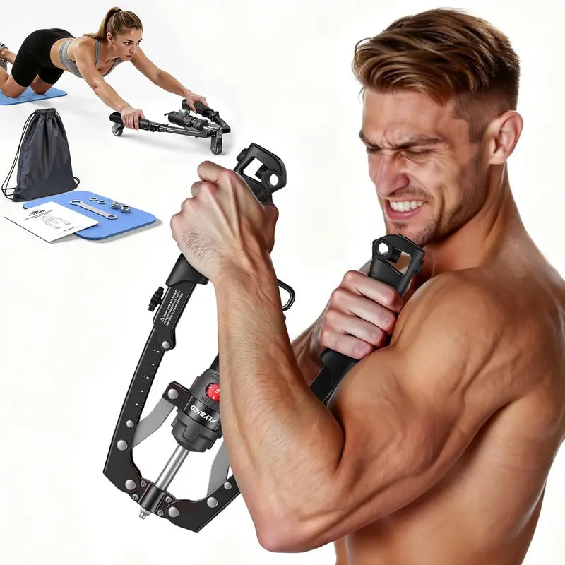 Hydraulic Chest Trainer, Adjustable 22–440 lbs Arm & Core Strength Trainer with Ab Roller Wheel, Pad & Carry Bag