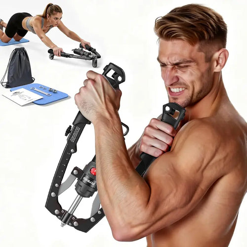 Hydraulic Chest Trainer, Adjustable 22–440 lbs Arm & Core Strength Trainer with Ab Roller Wheel, Pad & Carry Bag